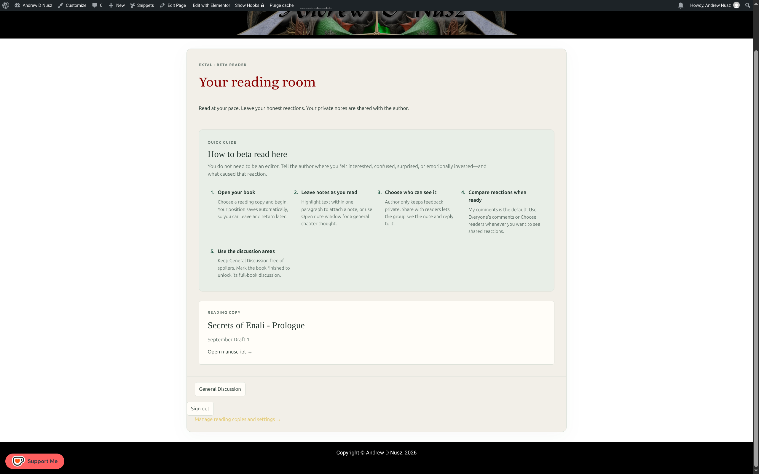 Reading room home page with a quick guide and a private reading copy