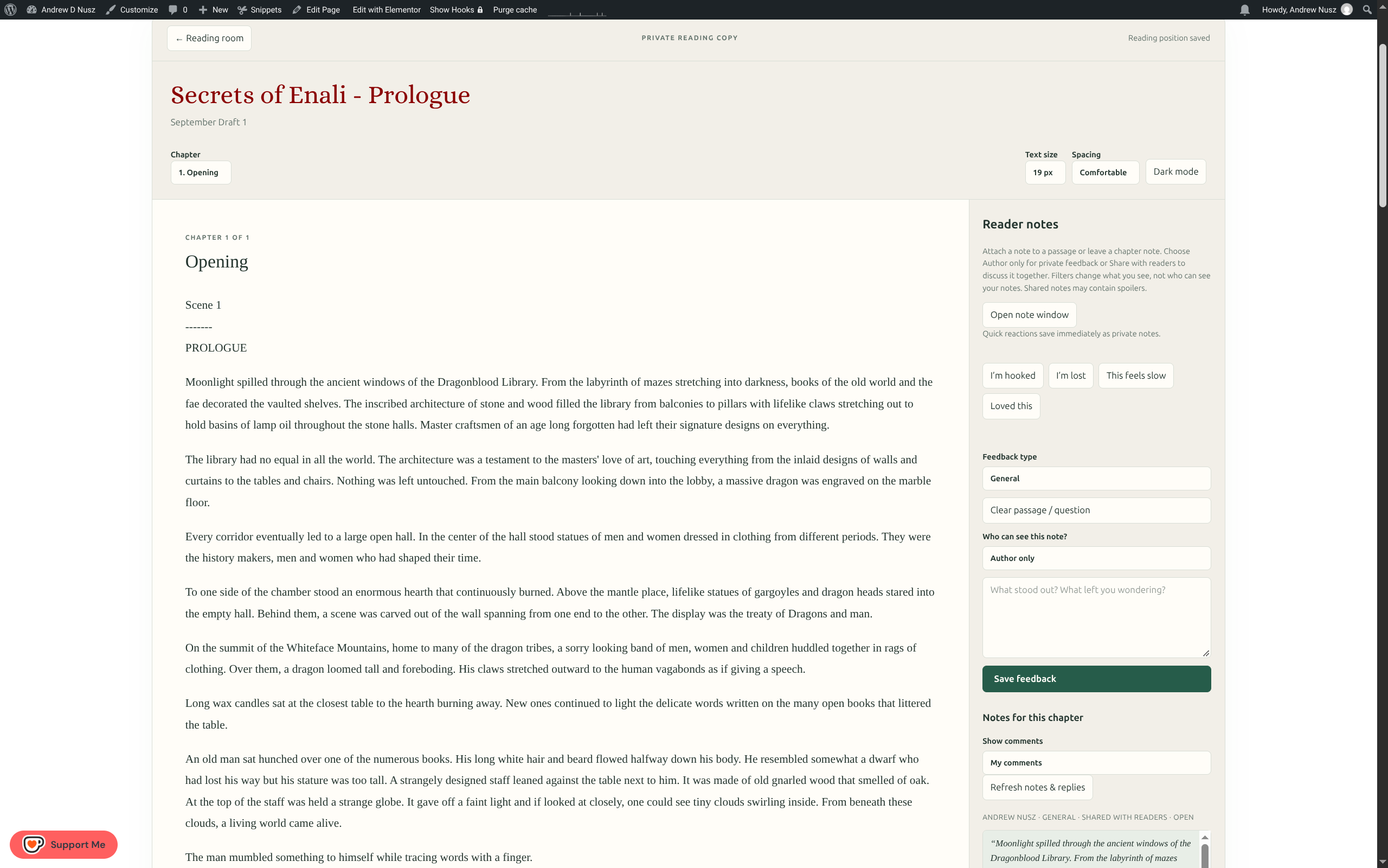Extal Beta Reader manuscript view with a reader notes panel beside the story