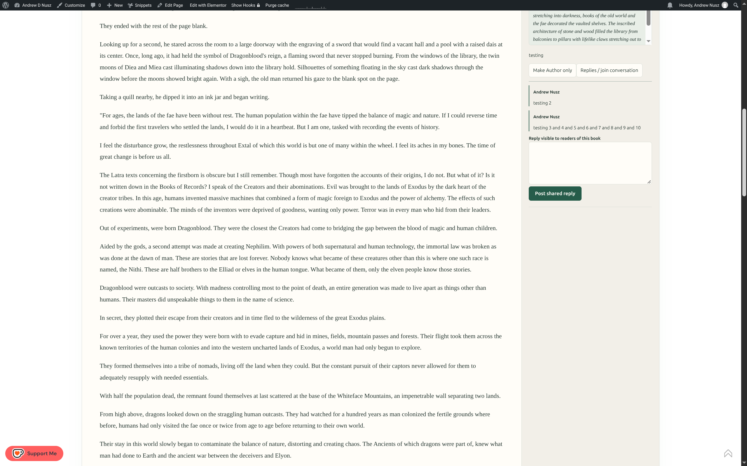 Manuscript page with shared comments and a reply conversation alongside the text